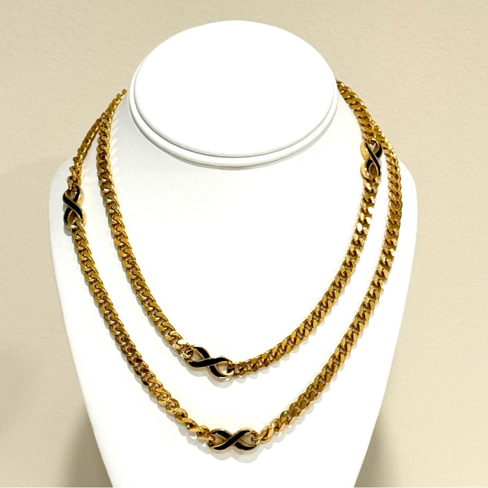 Vintage 90s Givenchy Chunky Gold Tone Chain Necklace Black Enamel Details 35”